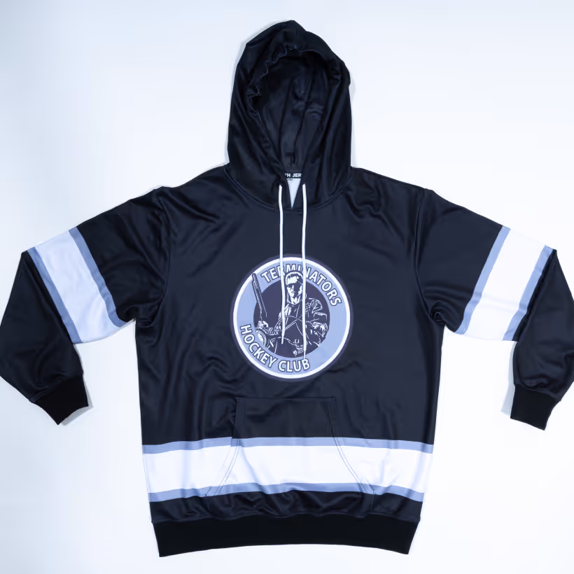 Black hockey-style hoodie with white and gray stripes on sleeves and hem, featuring a Terminators Hockey Club logo with a hockey player in the center.