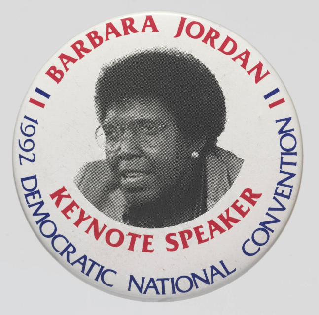 Pinback button Barbara Jordan from the 1992 DNC