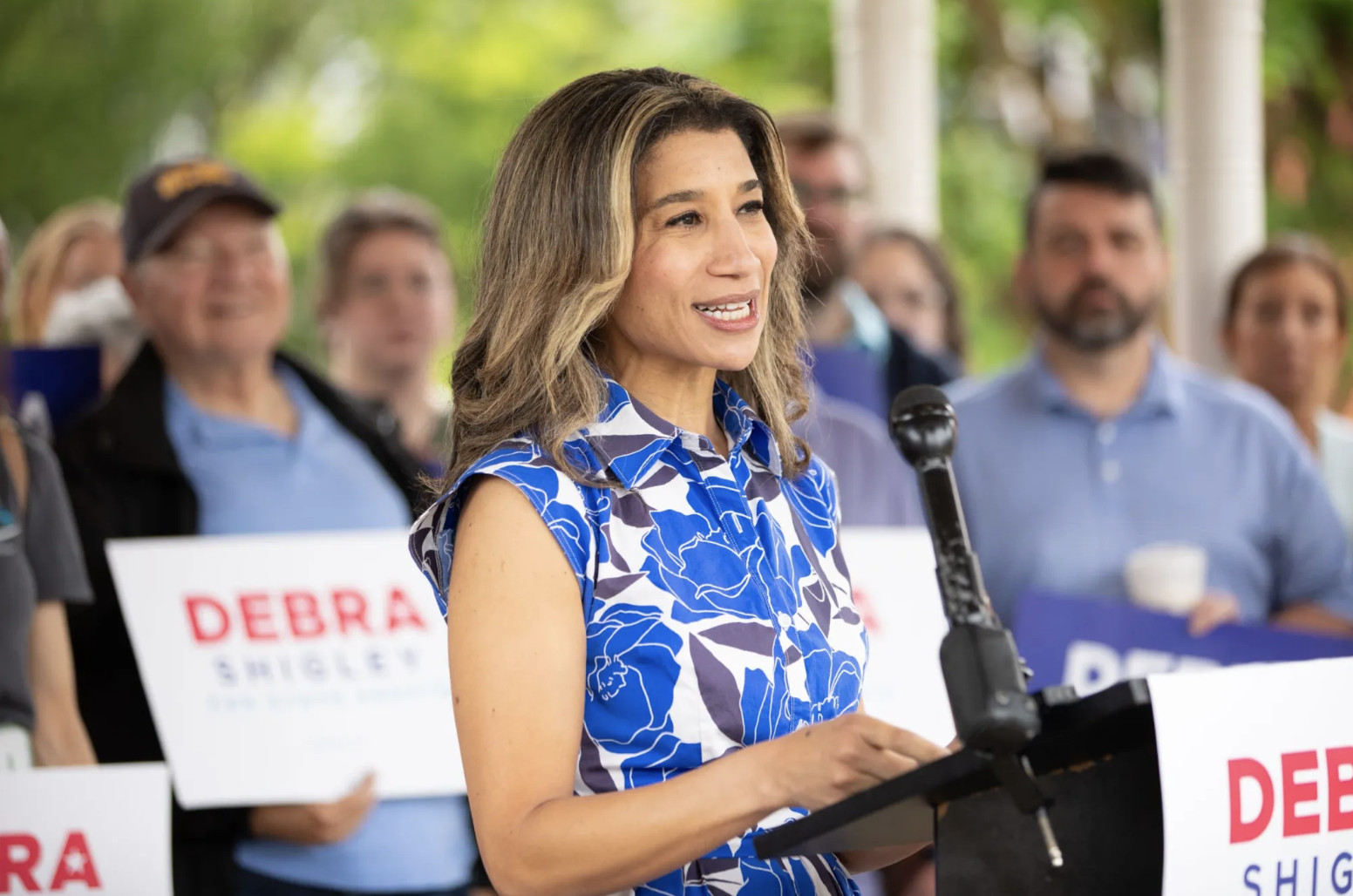 Debra Shigley delivers a speech at the Canton Square on May 1, 2025, in Canton, Georgia. 