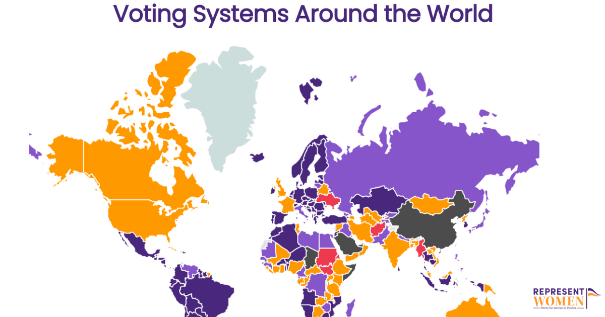 World map color-coded by voting system type — proportional, semi-proportional, and plurality-majority systems — showing how elections are structured globally.