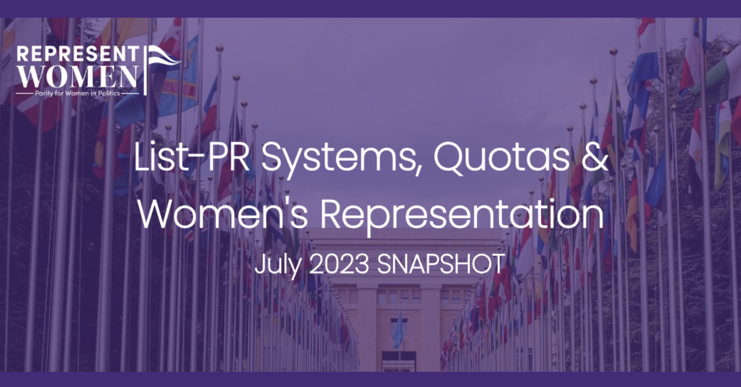 Cover image for RepresentWomen's July 2023 snapshot on List-PR Systems, Quotas, and Women's Representation, featuring a row of international flags at the UN.
