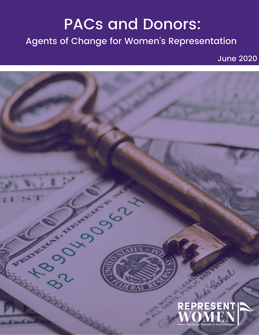Cover of RepresentWomen's June 2020 report "PACs and Donors," showing a vintage brass key resting atop scattered US dollar bills below a purple banner.