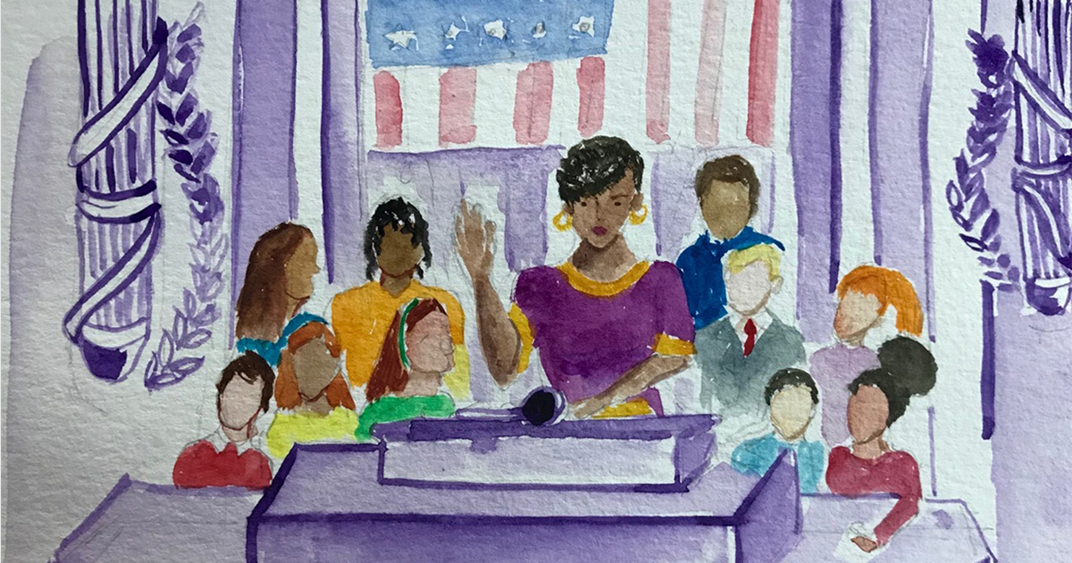 Watercolor illustration of a woman in purple speaking at a microphone podium before a diverse seated crowd, with a faded American flag hanging behind them.