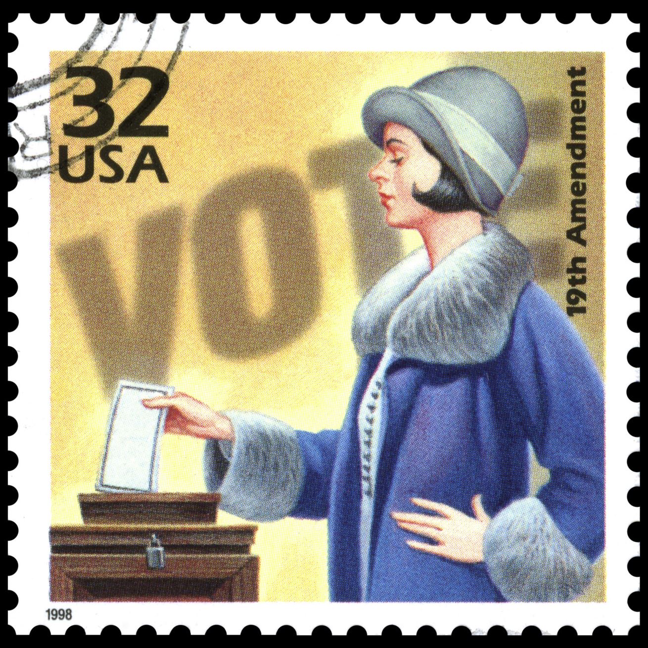 Vintage 32-cent US postage stamp honoring the 19th Amendment, illustrating a 1920s woman in a blue coat and hat dropping her ballot into a wooden voting box.