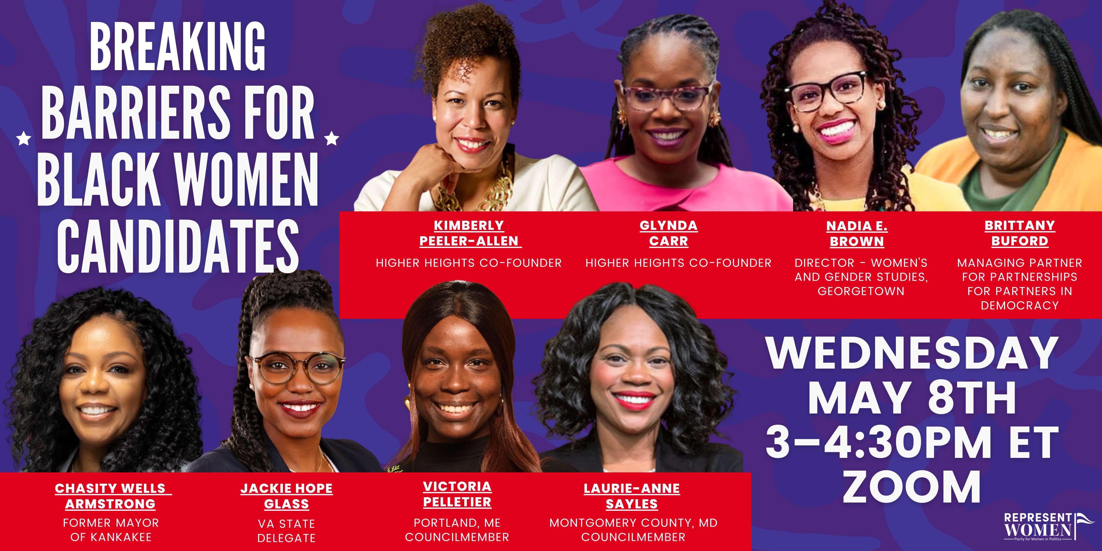RepresentWomen event flyer titled "Breaking Barriers for Black Women Candidates," showing photos of eight Black women panelists with a Zoom date of May 8th.