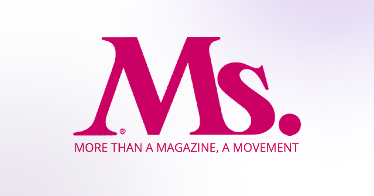Ms. magazine logo in magenta on a white-to-lavender gradient, with the tagline "More Than a Magazine, a Movement" in magenta capitals below the wordmark.