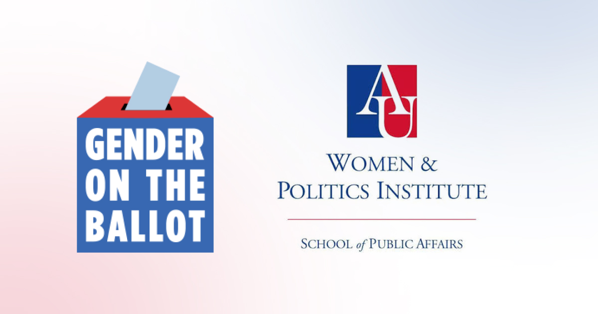 "Gender on the Ballot" logo with a red and blue ballot box, beside the American University Women & Politics Institute, School of Public Affairs logo.