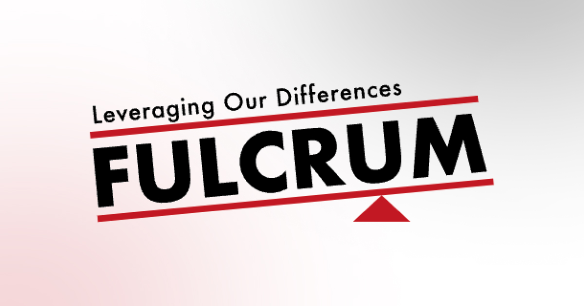 Fulcrum logo with the tagline "Leveraging Our Differences," the bold black wordmark tilted on a red seesaw with a triangular pivot, on a light gray background.