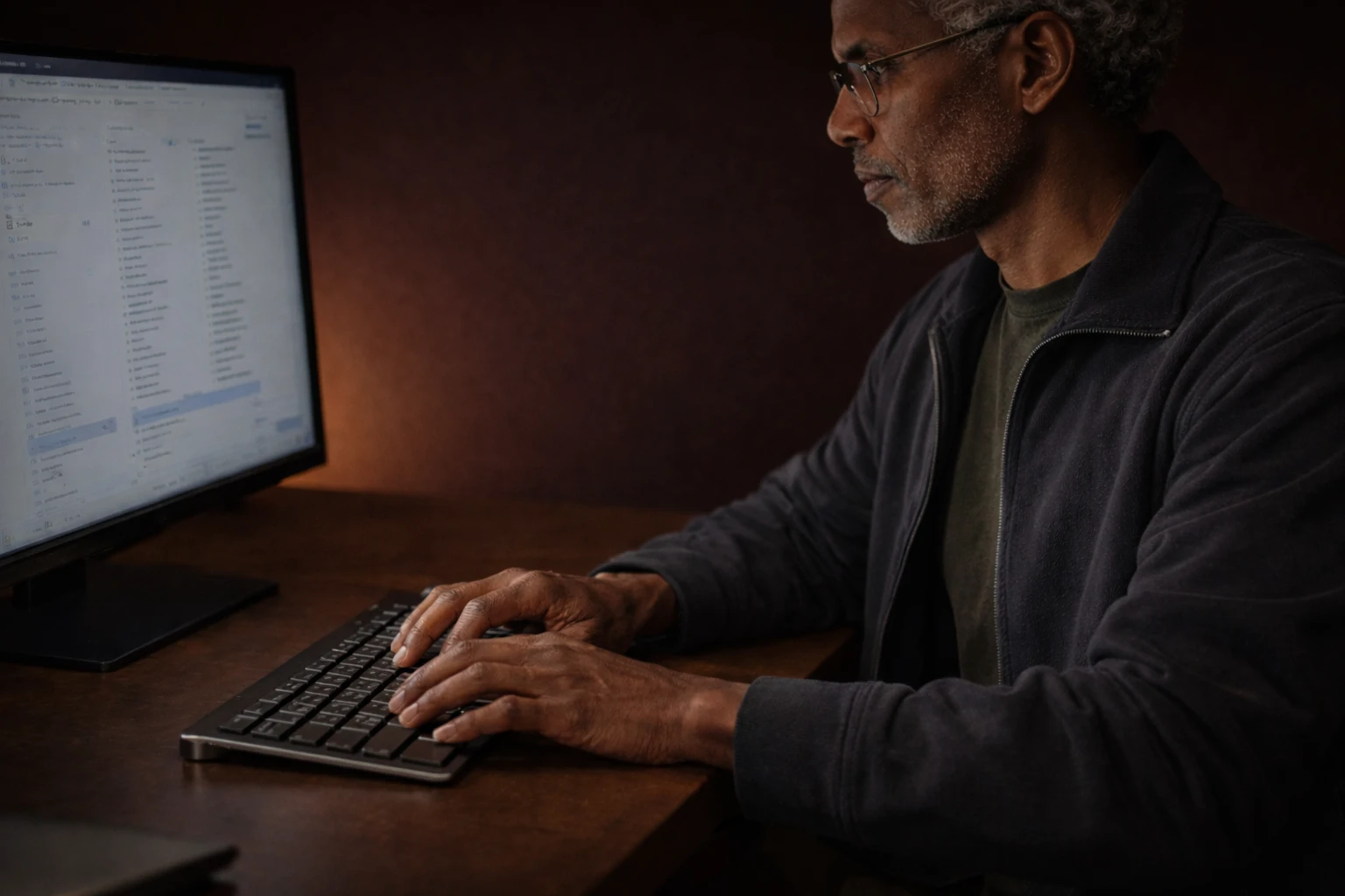 Man wearing glasses typing on a keyboard while looking at a computer monitor displaying a file directory.