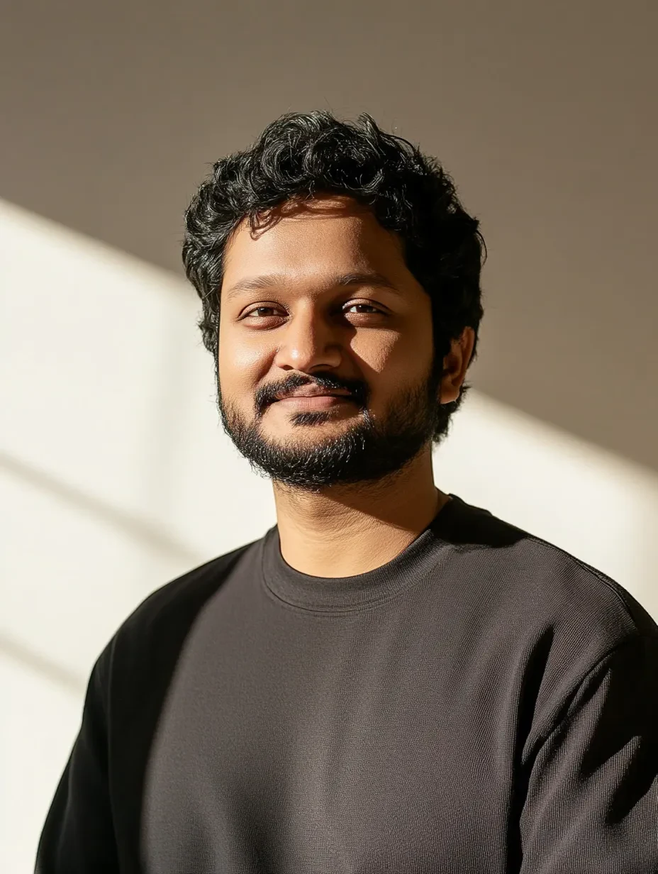 Man with dark curly hair and beard wearing a black sweatshirt, smiling in warm natural light against a plain background.