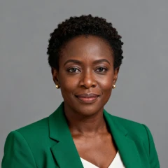 Professional headshot of a woman with short curly hair wearing a green blazer and white top, smiling slightly against a gray background.