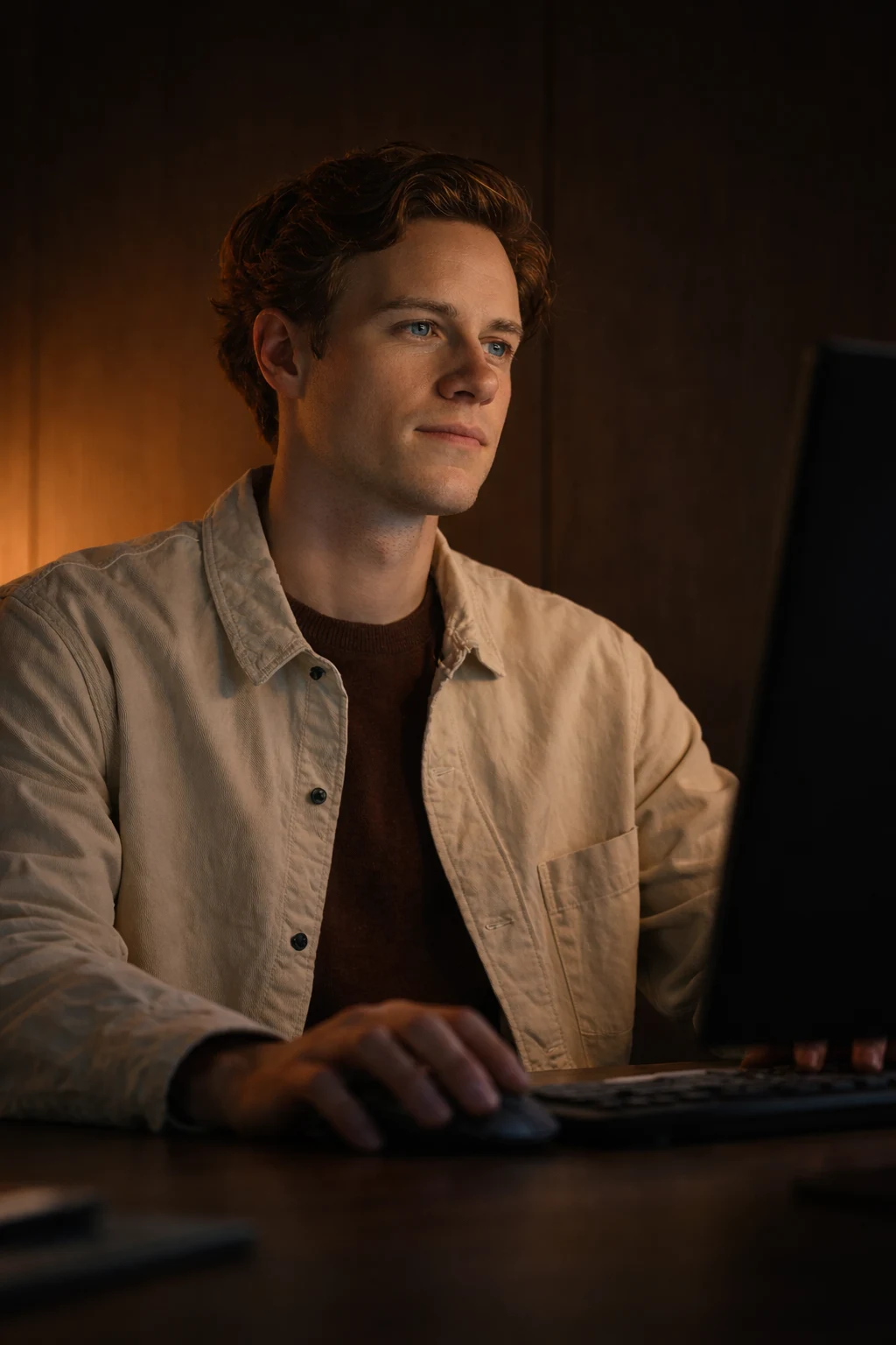 Young man with wavy brown hair using a computer in a dimly lit room.