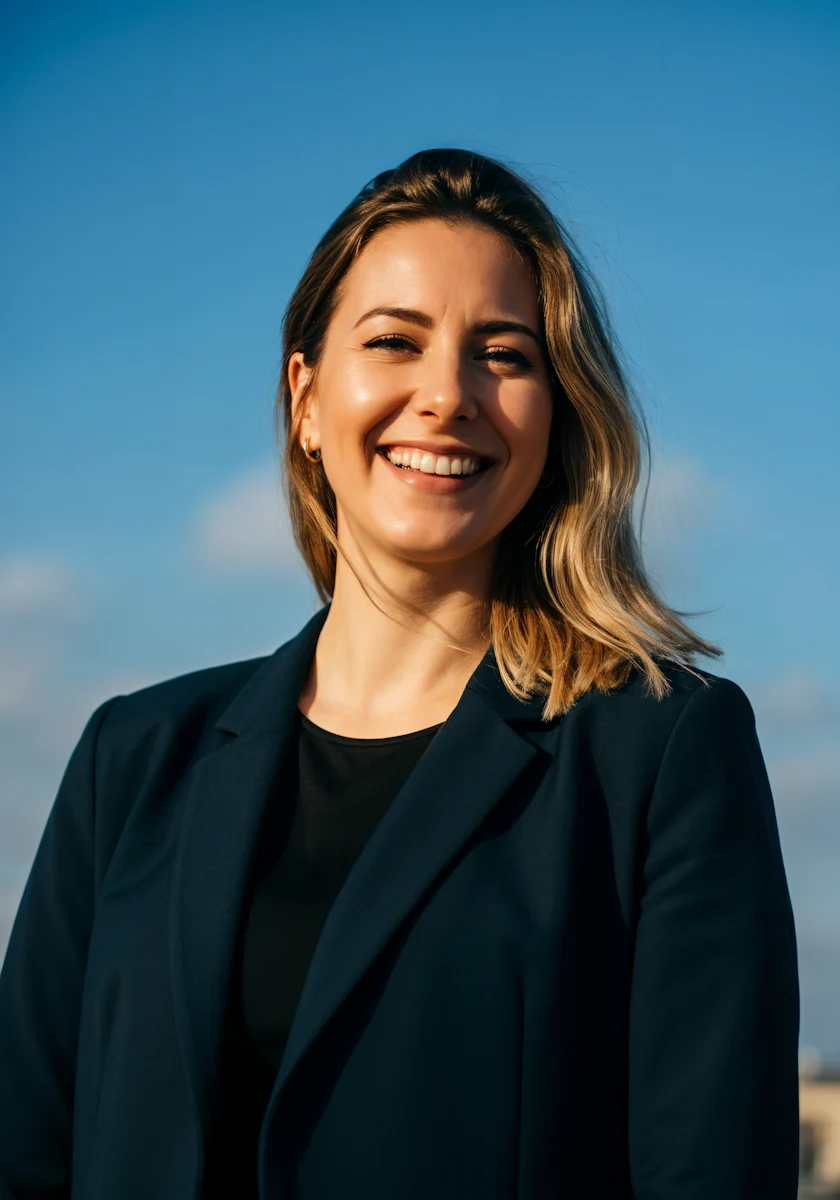 Smiling young woman with shoulder-length blonde hair wearing a dark blazer against a clear blue sky.