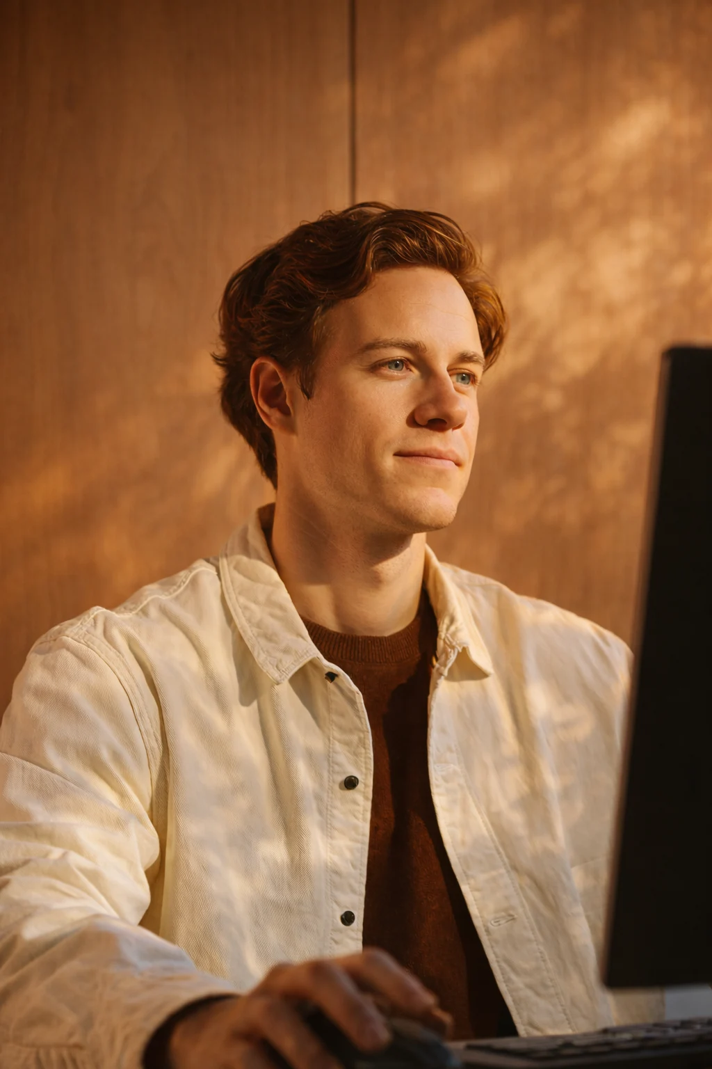 Young man with brown hair wearing a beige jacket working at a computer with soft warm lighting.