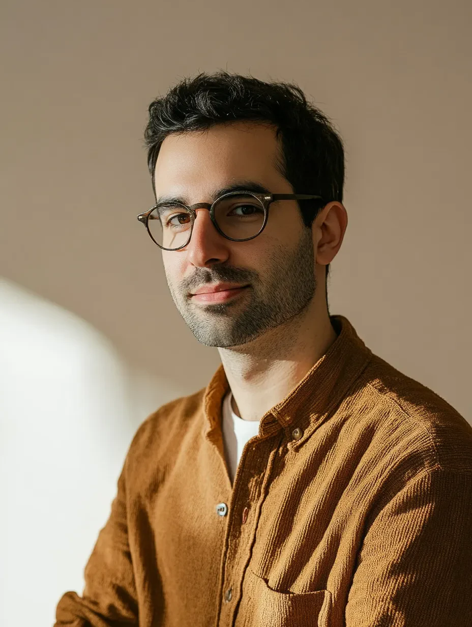 Man with dark hair and beard wearing round glasses and a brown shirt, looking at the camera against a beige background.