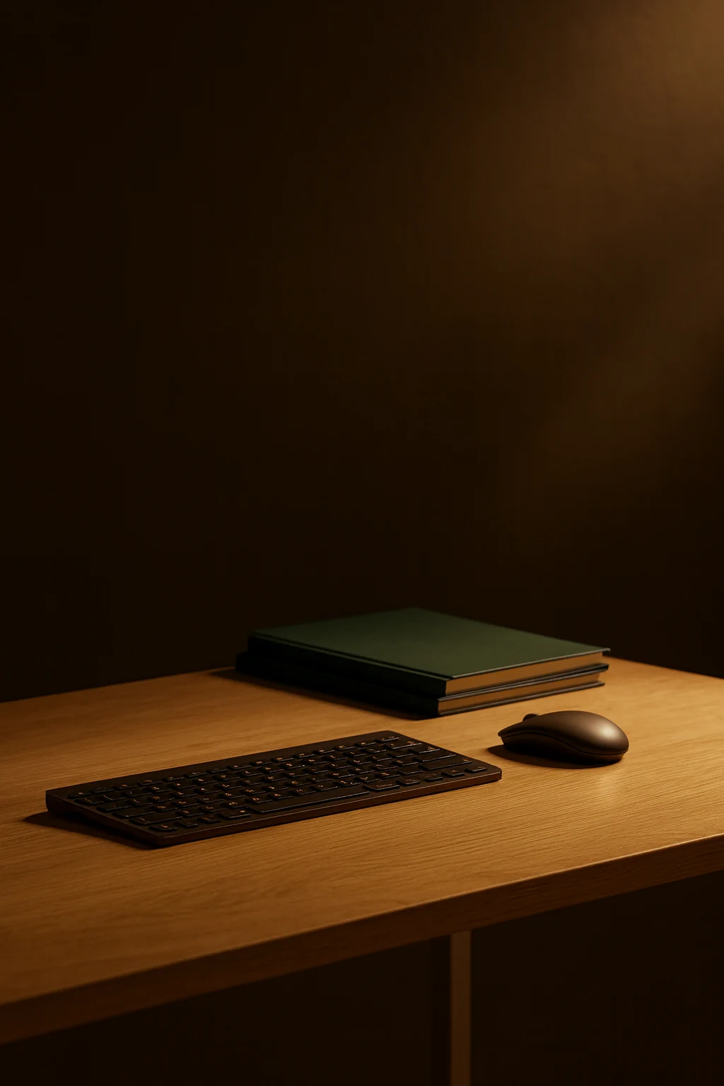 Wooden desk with a black wireless keyboard, black mouse, and two closed dark green notebooks under warm lighting.