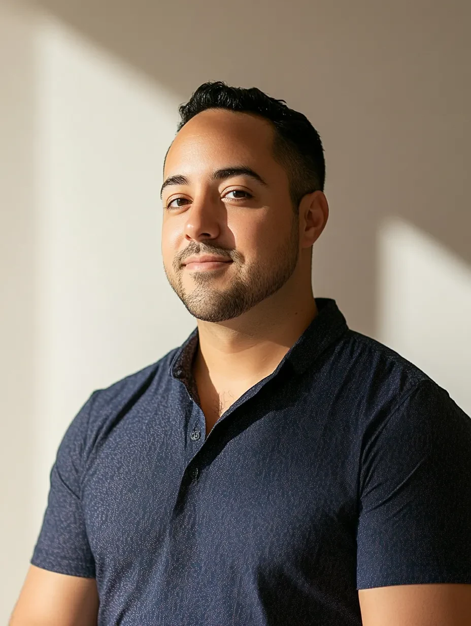 Smiling man with short dark hair and beard wearing a navy blue shirt against a neutral background.