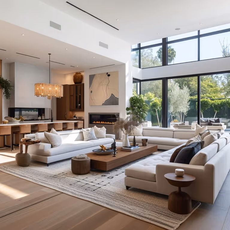 Modern living room with three white sofas around a low wooden coffee table, large windows showing green trees outside, and a hanging chandelier above a kitchen island.