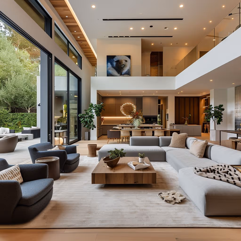 Spacious modern living room with large gray sectional sofa, two dark armchairs, wooden coffee table, and open kitchen in the background with large windows showing greenery outside.