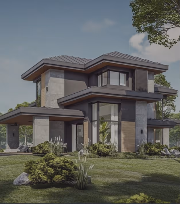 Modern two-story house with large windows, gray and wood exterior, surrounded by green lawn and bushes under a clear sky.
