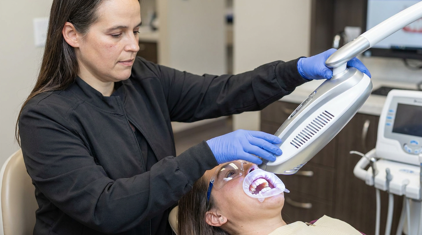 A close-up shot of a modern LED teeth whitening lamp positioned over a patient's open mouth, with a hygienist's gloved hands subtly adjusting the device.