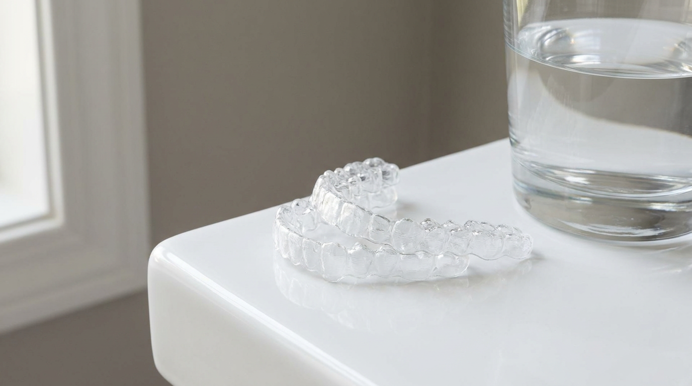 A close-up, angled shot of a pair of clear Invisalign aligners resting on a clean, white surface next to a glass of water, reflecting indirect, soft natural light.