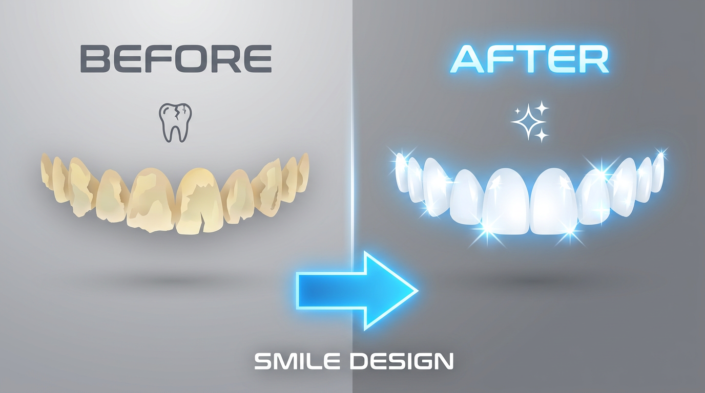 A split image showing an artistic rendering of "before" (irregular teeth, dull color) and "after" (perfectly aligned, brilliant white teeth) a smile design process.