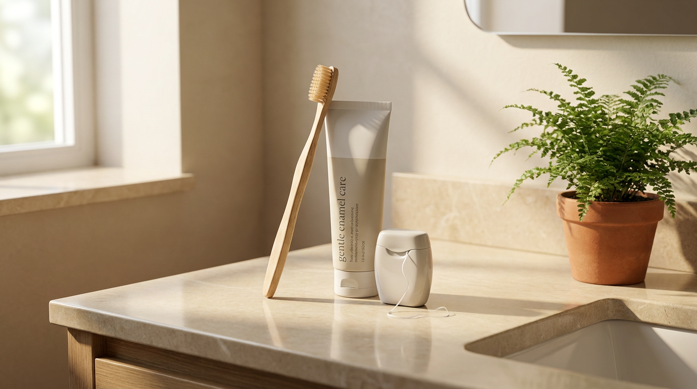 A still life composition showing a high-quality toothbrush, a tube of non-abrasive toothpaste, and a container of dental floss artfully arranged on a smooth, light-colored bathroom counter beside a small, lush potted plant.