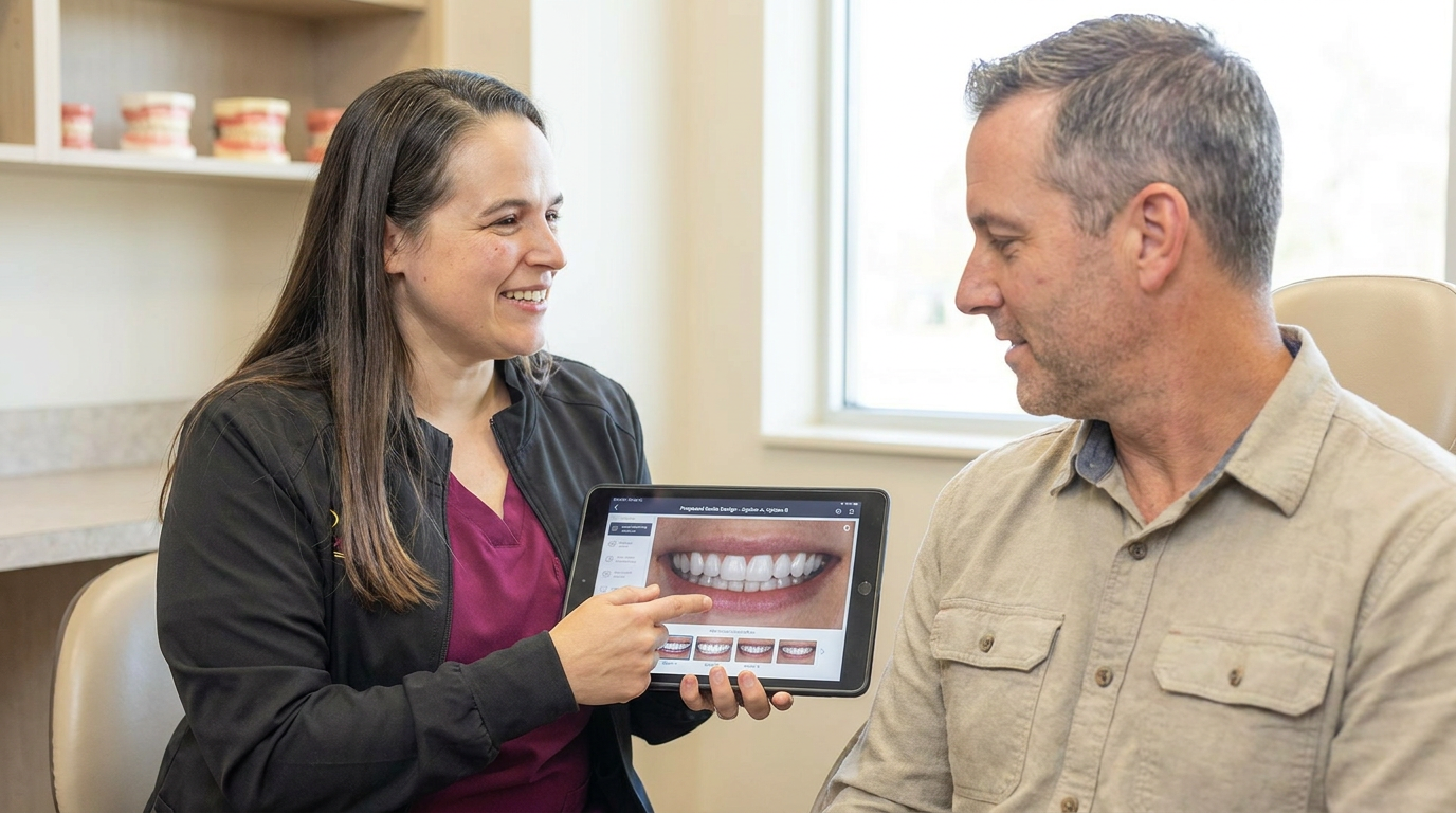 Dr. Leeza Stein, a woman with a reassuring smile, is seated across from a male patient, Brian, in his late 40s, in a brightly lit consultation room.