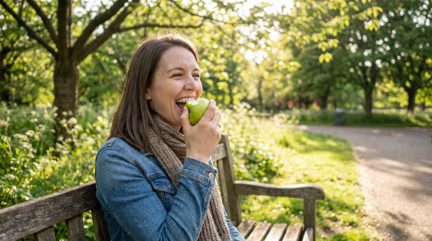 A young woman in her early 30s, Amanda, confidently biting into a crisp green apple, her clear aligners subtly visible.