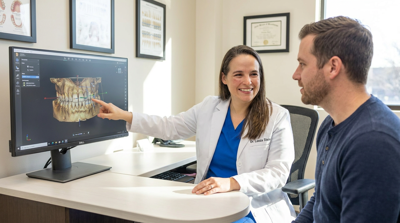 A woman in a white lab coat and blue scrubs, Dr. Leeza Stein, with a warm, professional expression, gently explaining a digital dental scan to a male patient in his late 30s.