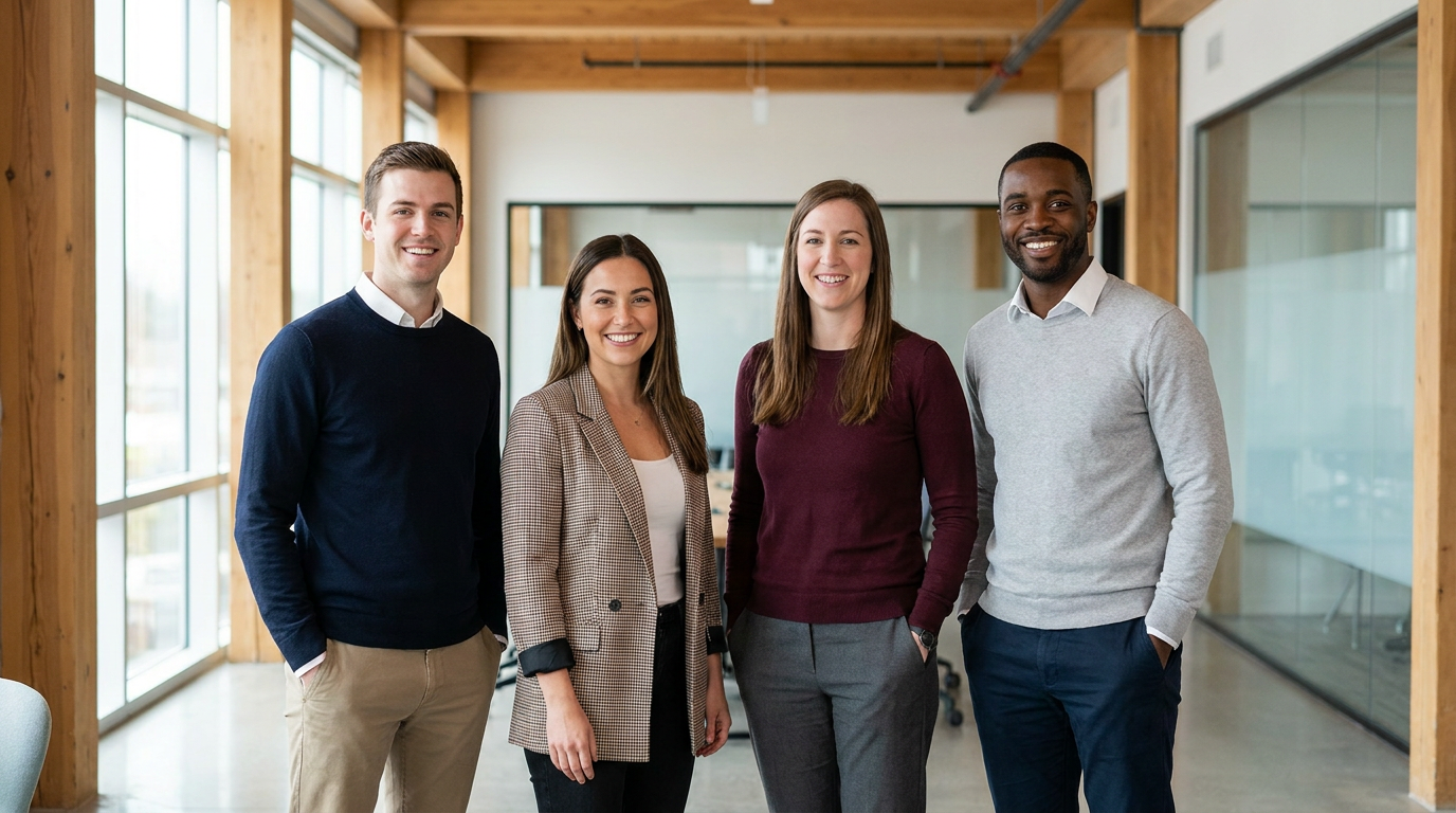 A diverse group of four individuals, two men and two women, all in their late 20s to early 40s, smiling confidently and genuinely, positioned in a modern, brightly lit office environment.