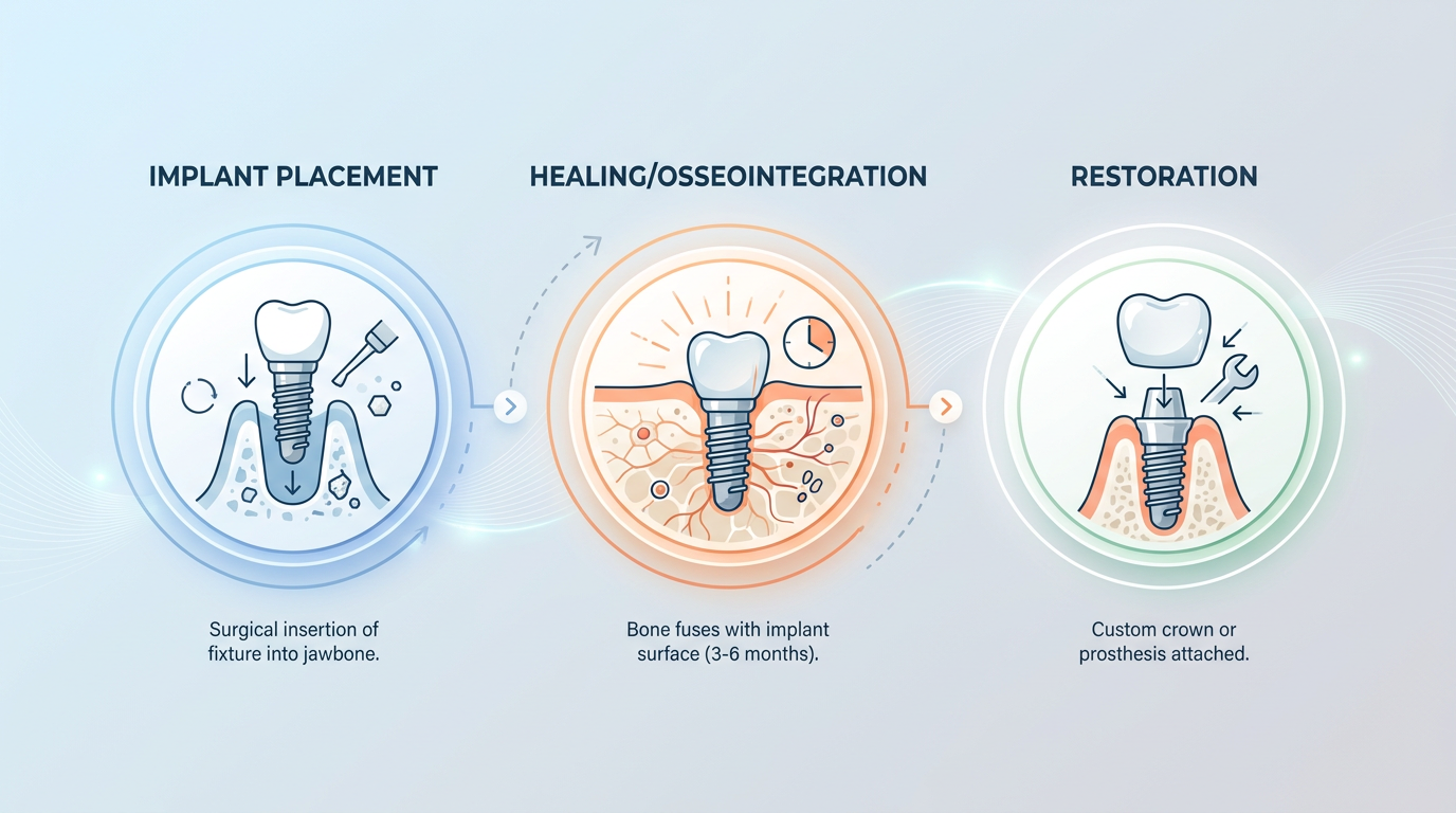 Minimal-text infographic-style visual showing a simple timeline with three main stages: "Implant Placement," "Healing/Osseointegration," and "Restoration."