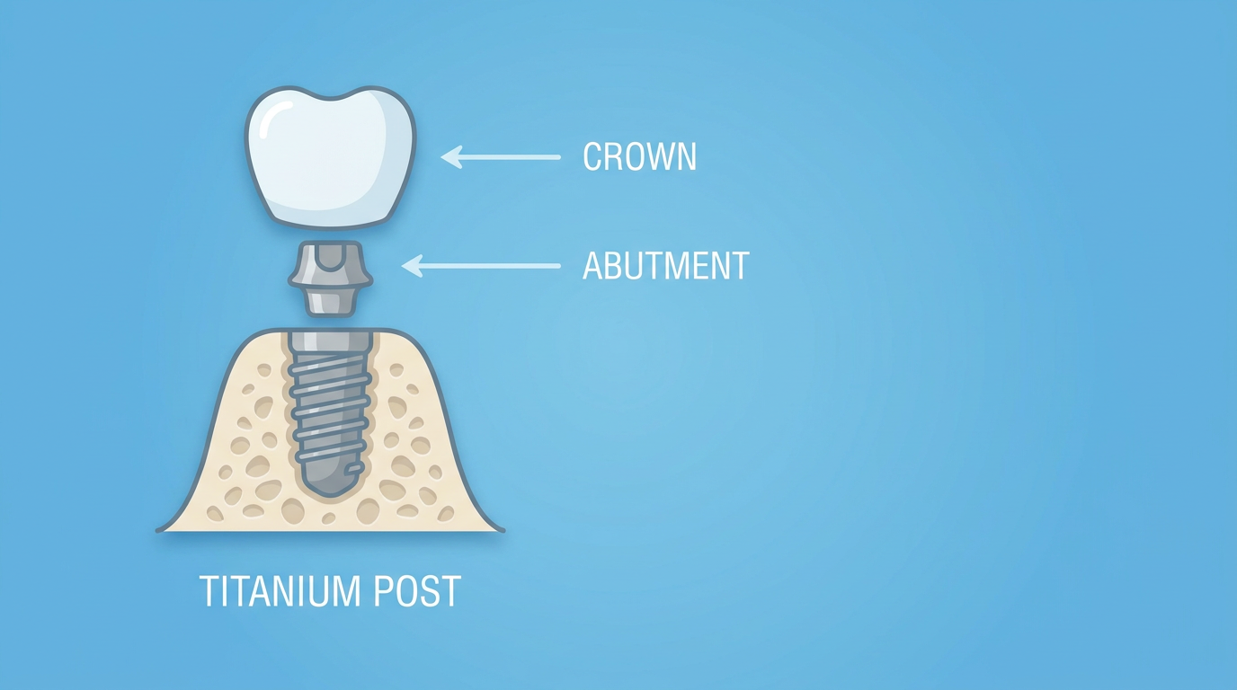 Minimal-text infographic-style visual showing a simplified diagram of a single tooth implant: a small, labeled titanium post in jawbone, topped with an abutment and a crown.