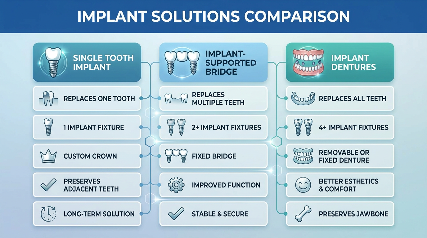 Minimal-text table-style comparison visual comparing different implant solutions: "Single Tooth Implant," "Implant-Supported Bridge," "Implant Dentures," with small icons representing each.