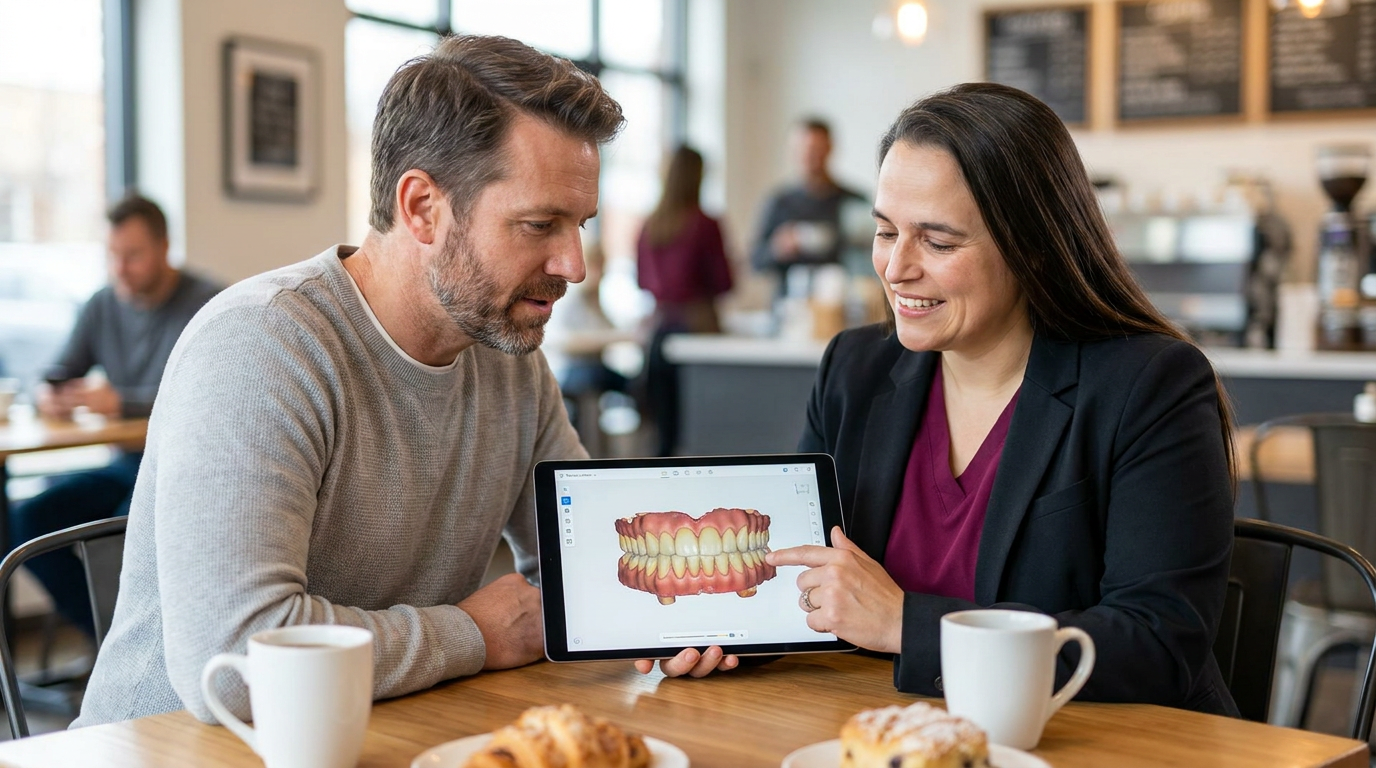 Photorealistic lifestyle dental scene of Dr. Leeza Stein, explaining full mouth reconstruction to Dylan, using a tablet displaying a 3D dental model, both looking engaged.