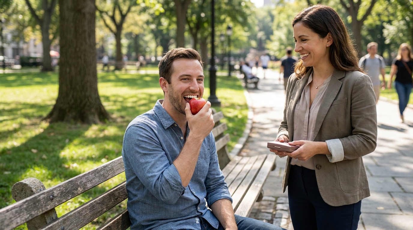 Matthew, confidently biting into an apple, showing his perfectly restored front tooth, while sitting on a park bench on a sunny day.