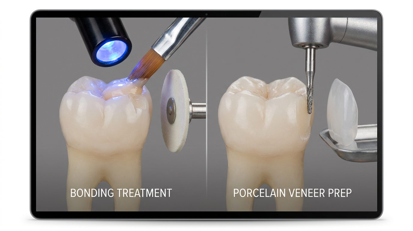 A split image comparison: one side shows a natural tooth with a small chip receiving a bonding treatment, while the other side shows a tooth being prepared for a porcelain veneer.