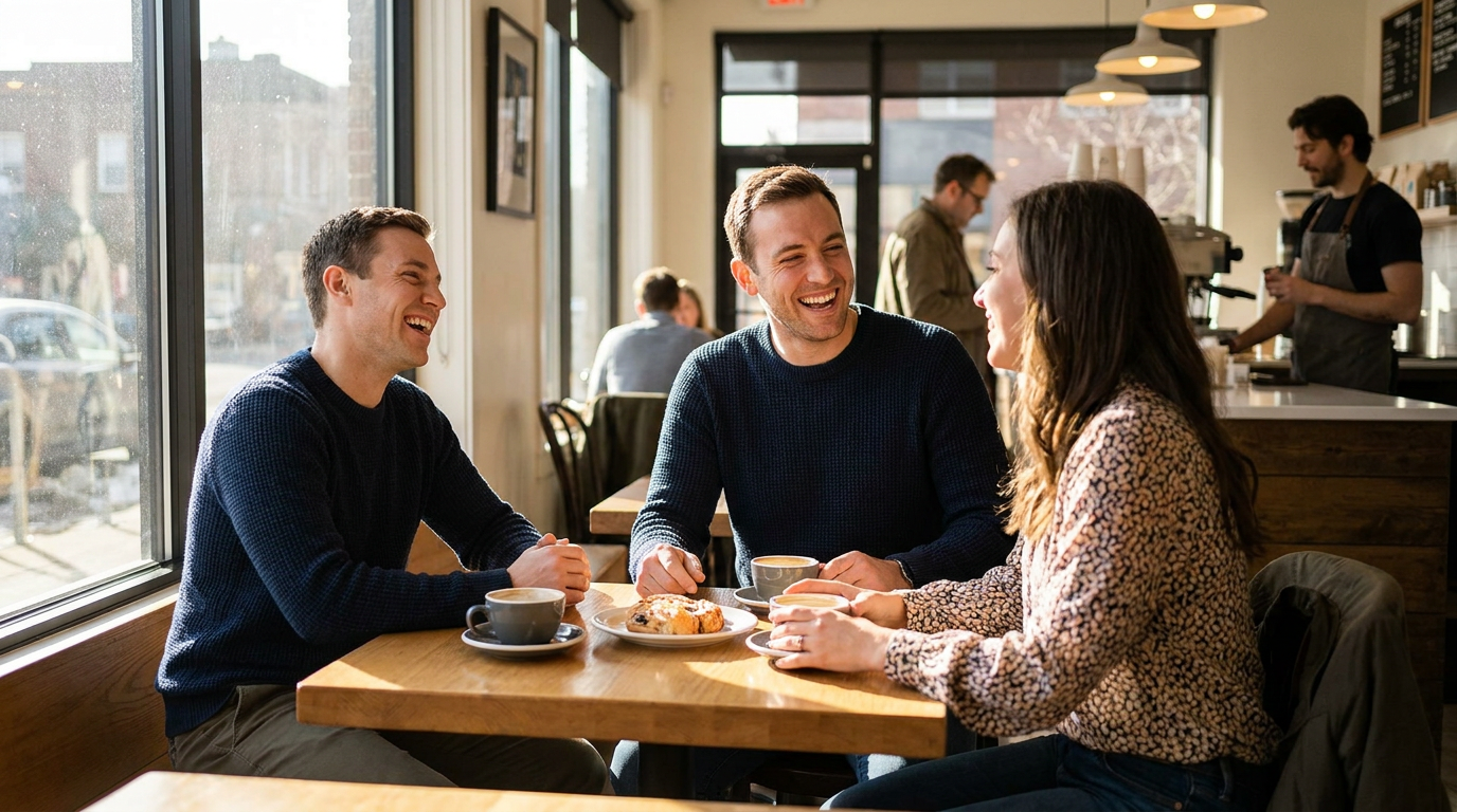 Matthew, confidently engaging in a conversation with friends at a cafe, laughing genuinely.
