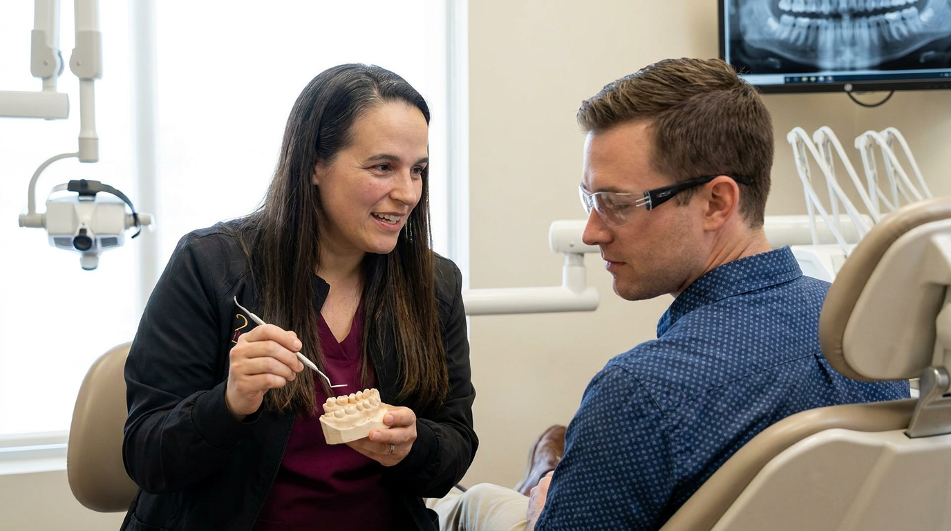 Matthew, sits in a dental treatment room, discussing his smile goals with Dr. Leeza Stein, who is pointing to a dental model illustrating minor tooth imperfections.