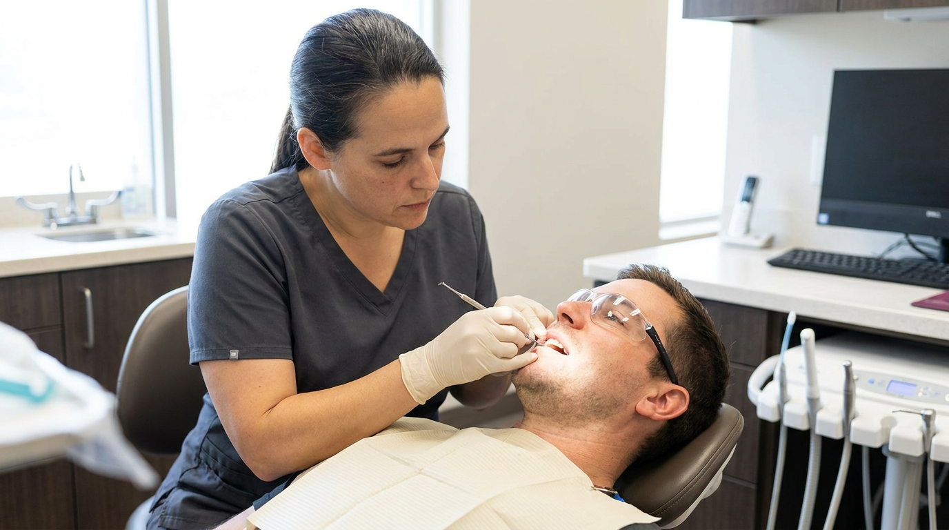 Dr. Leeza Stein, meticulously applies tooth-colored resin to a patient's front tooth, her gaze focused and precise.