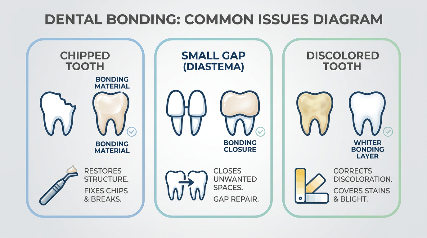 An infographic detailing the various issues dental bonding can fix: a chipped tooth, a small gap between front teeth, and a discolored tooth, all depicted with a clear, concise style against a light background.