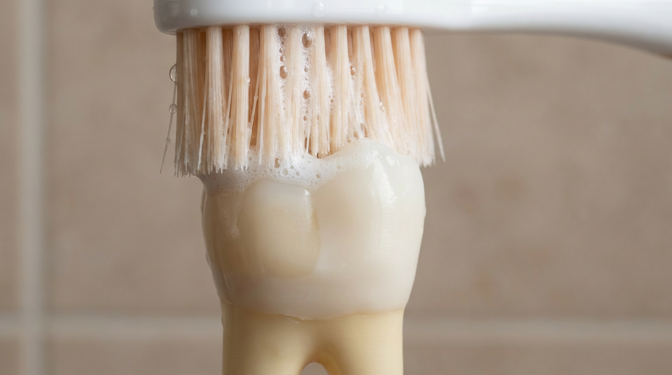 A close-up of a toothbrush gently cleaning a bonded tooth, illustrating proper oral hygiene.
