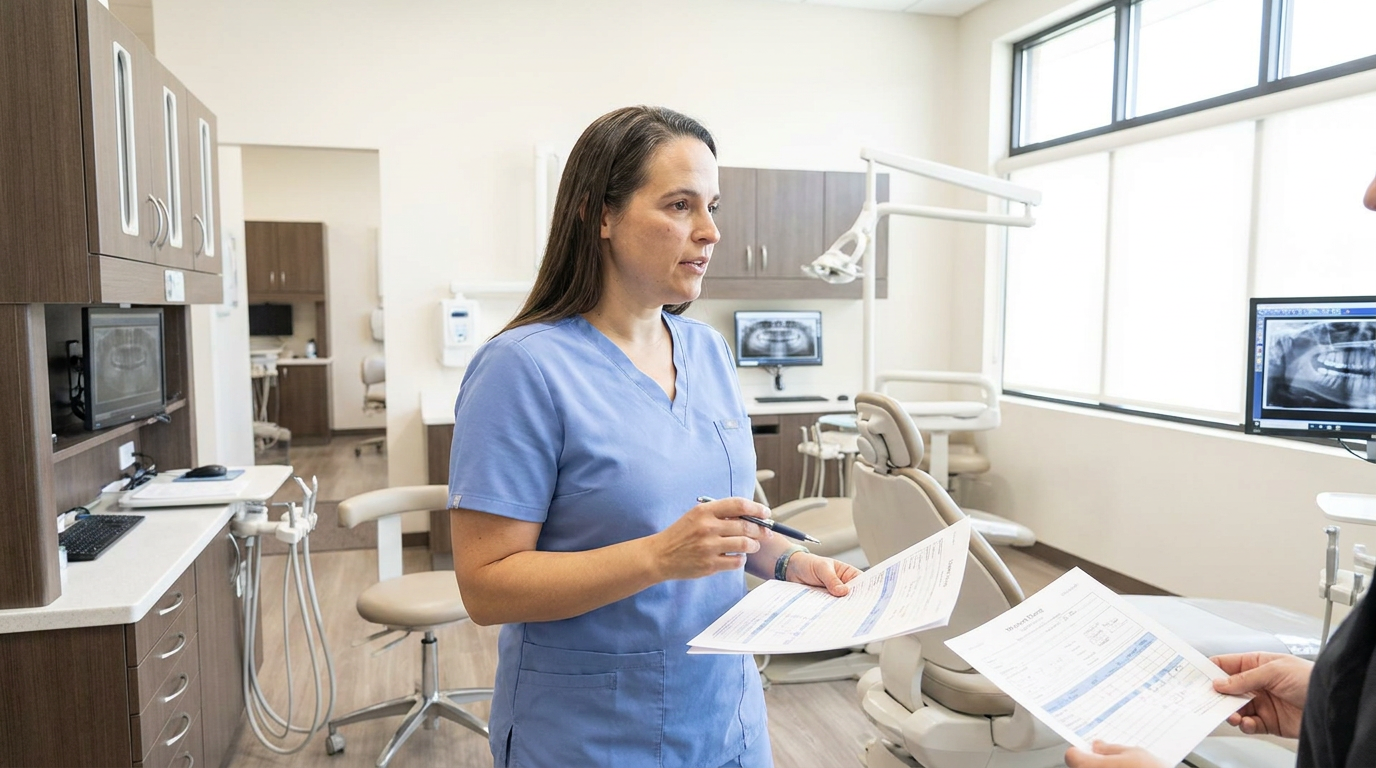 A woman in light blue scrubs holds a pen and papers while speaking to another person in a dental office with monitors displaying dental x-rays.
