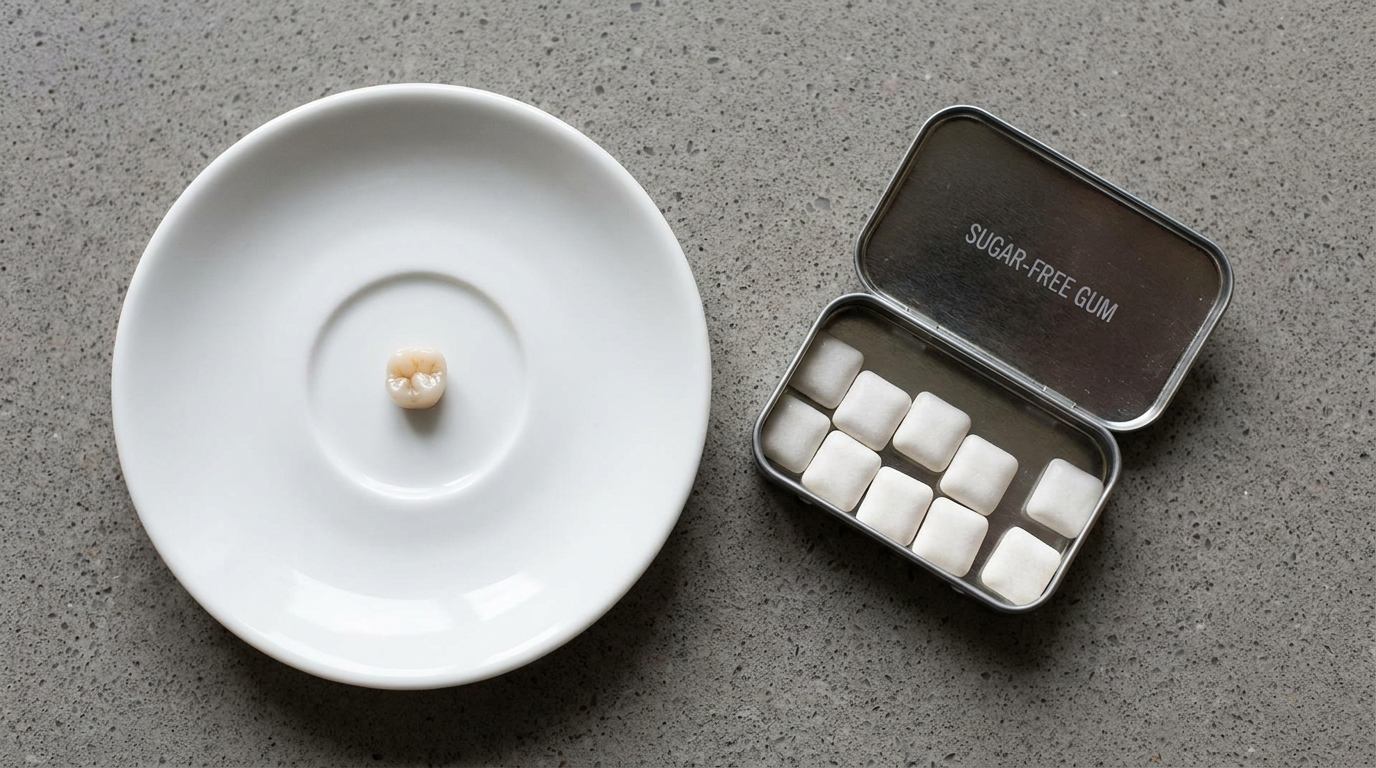 A dental crown sits on a white plate next to an open tin of sugar-free gum on a gray countertop.