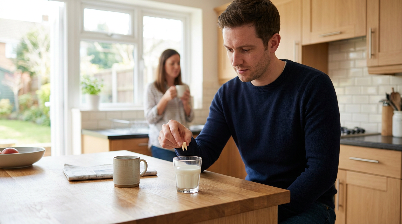 A man in a navy sweater holds a tooth over a glass of milk on a wooden kitchen counter, with a woman holding a mug in the background.
