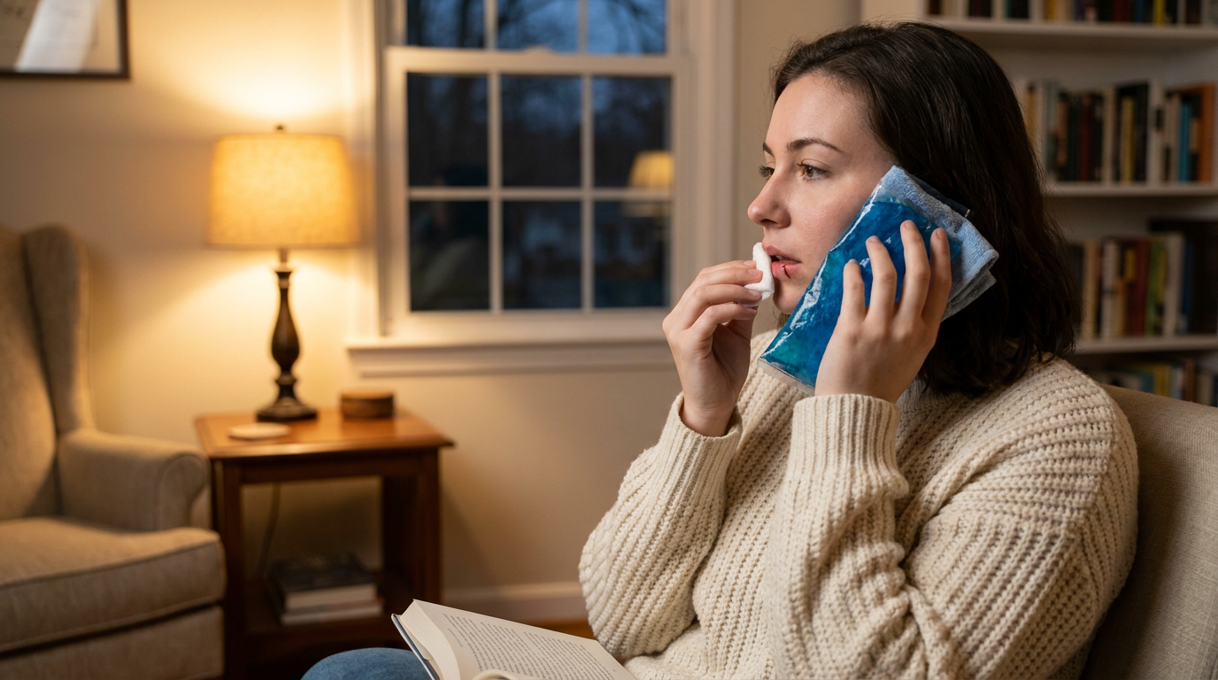 Kayla, wearing a cream knit sweater and blue jeans, sits in a beige armchair, holding an open book, a white gauze pad to her cut lower lip, and a blue ice pack to her cheek in a dimly lit room with a window and a bookshelf.