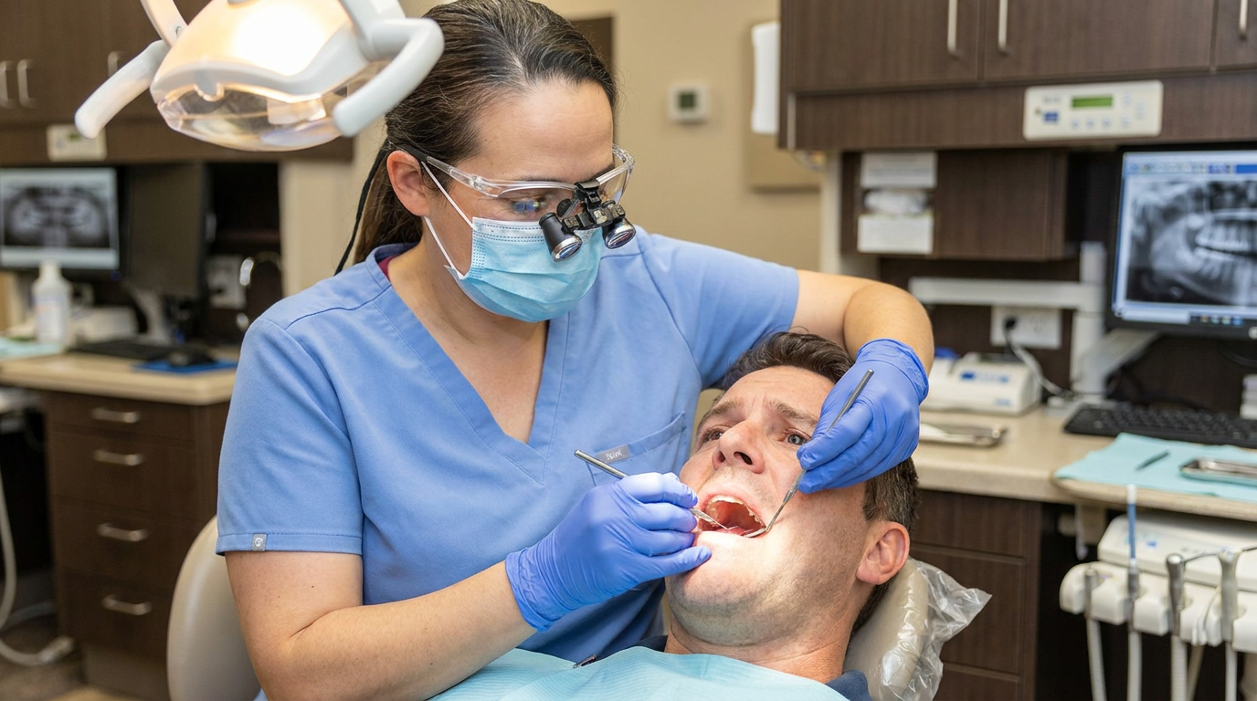 A dentist wearing blue scrubs, a mask, safety glasses, and a dental loupe examines a male patient's open mouth with dental tools while he lies in a dental chair.