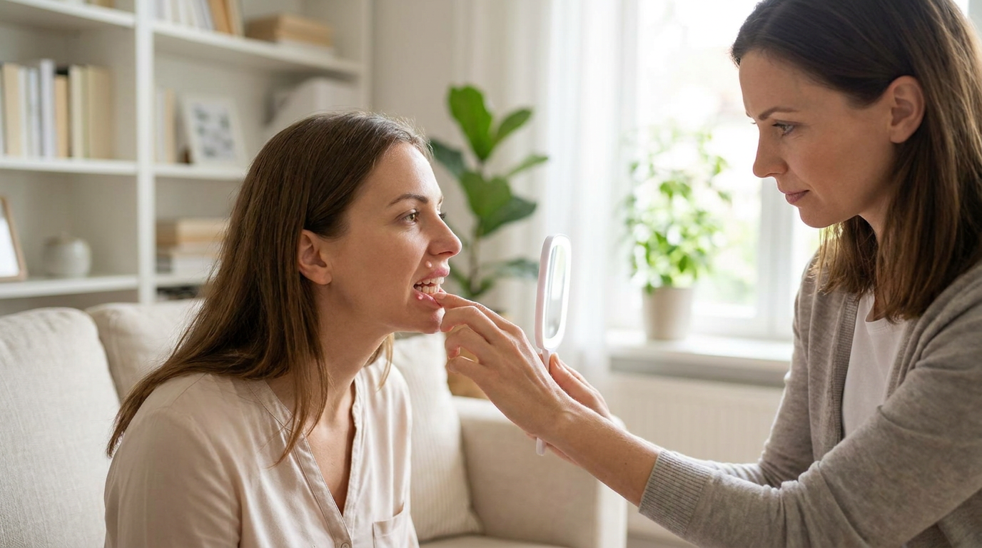 A woman in a light shirt sits on a sofa, looking into a small white mirror held by another woman in a gray cardigan, who is examining the first woman's teeth.
