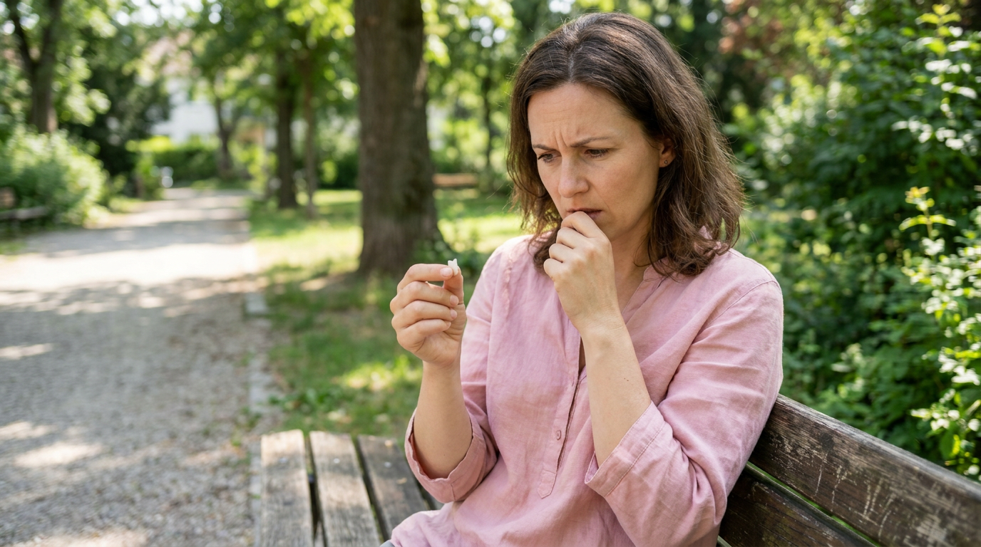 Rachel sits on a park bench, wearing a pink blouse, holding a small white tooth fragment in one hand and biting her nails on the other, with a distressed expression.